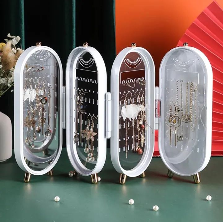 Foldable Jewelry Organizer With Mirror Earrings and Necklace Hanging Holder